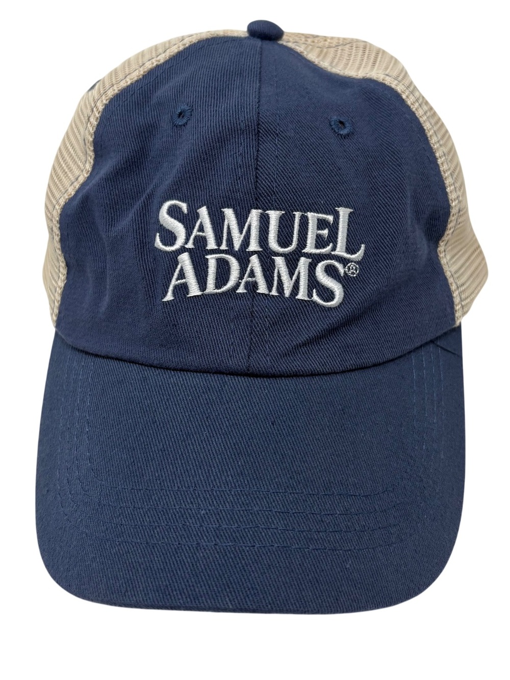 Samuel Adams Trucker Hat Baseball Cap Tan Mesh Blue Logo Adjustable